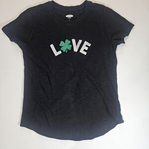 Old Navy 4 Leaf Clover Tee Womens Small Black White Green Irish Love Graphic